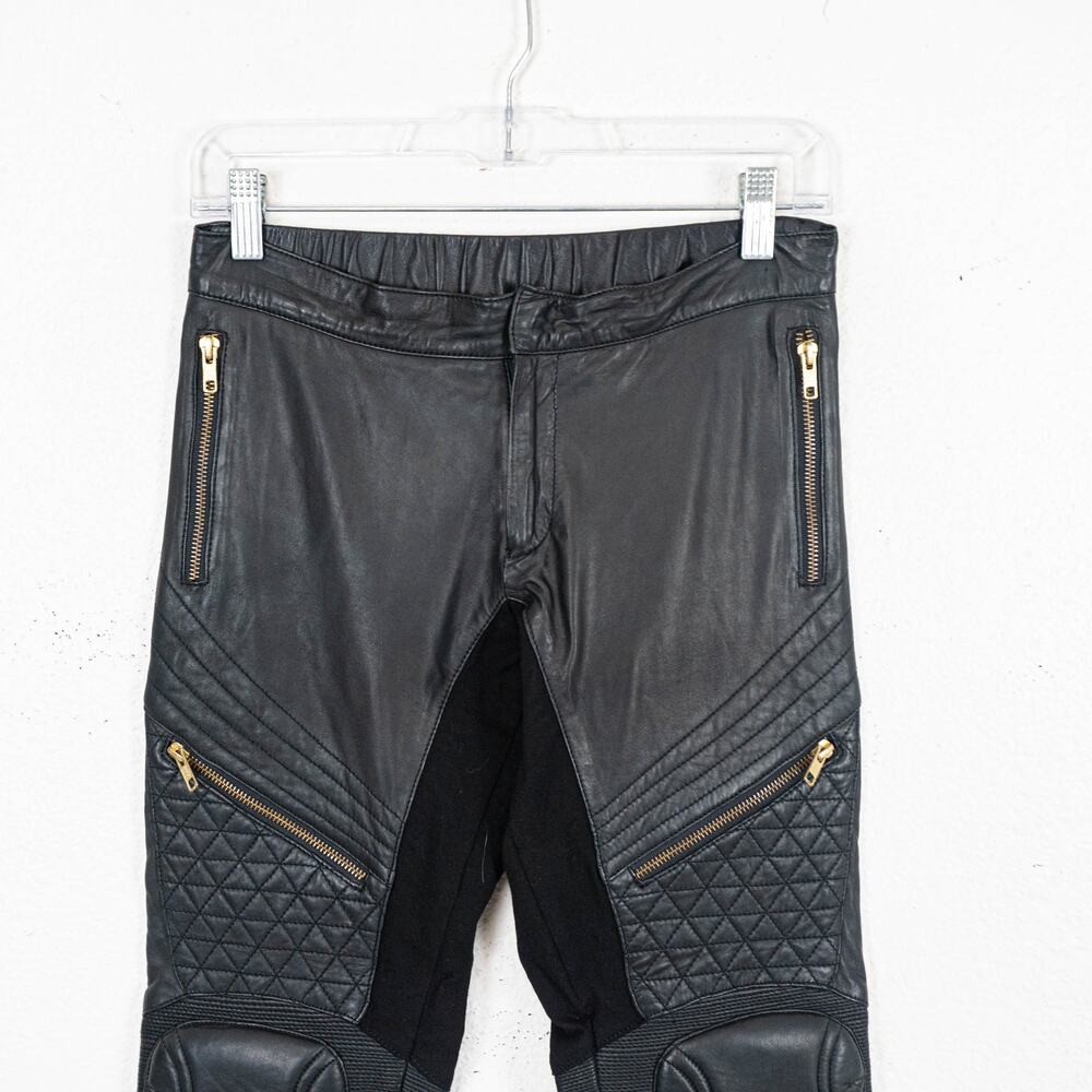 Skingraft Black Leather Moto Pants Quilted Knee Zip Skinny Biker size Small - Picture 11 of 15